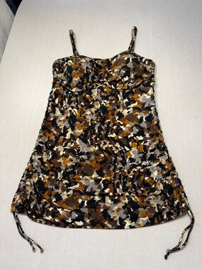 Catalina Suddenly Slim Tankini Top 2X Ruched Side Adjustable Brown Abstract